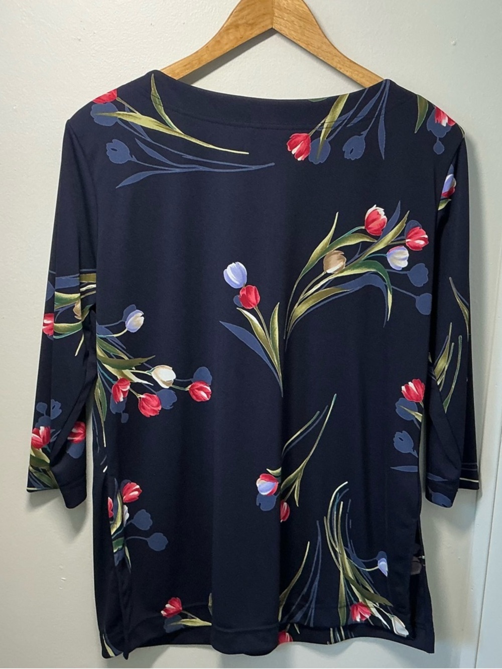 Susan Graver Navy Floral 3/4 Sleeve Tunic Top - Picture 3 of 10